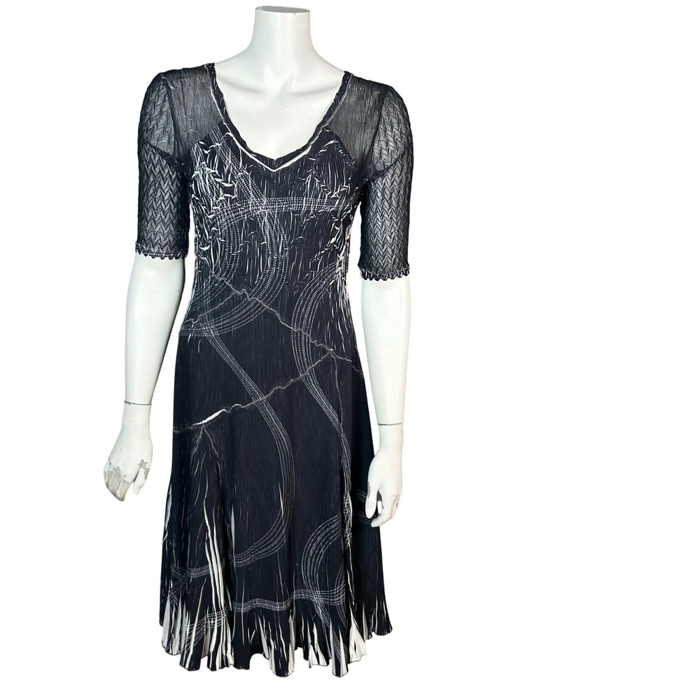Komarov Pleated Midi Dress M Lace Crinkle Bias Whimsigoth Fairy Grunge Pleated